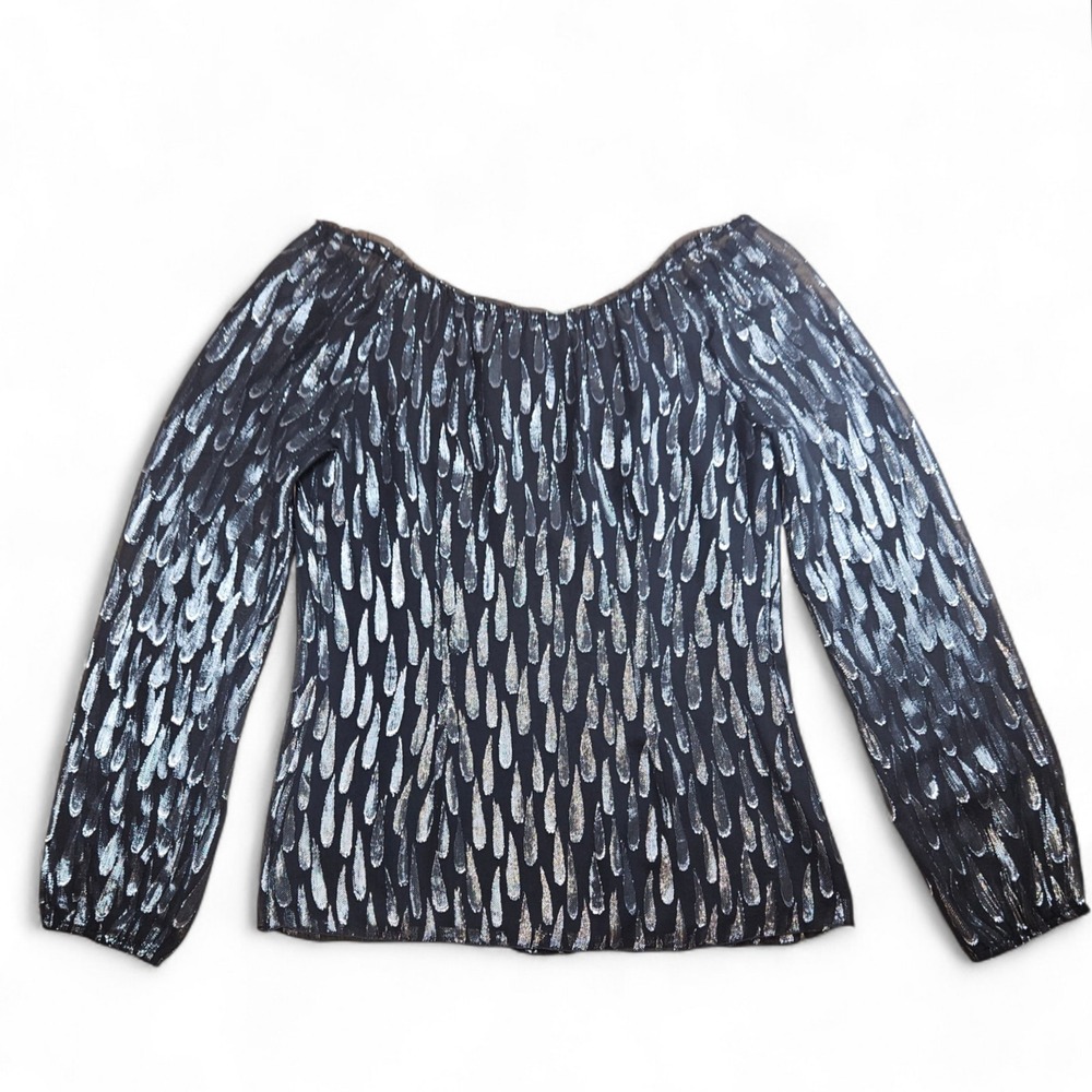 White House Black Market Silk Metallic Top XS Black Silver Lined Off Shoulder - Picture 6 of 7